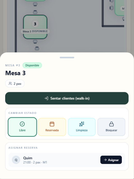Panel lateral de gestión de mesa