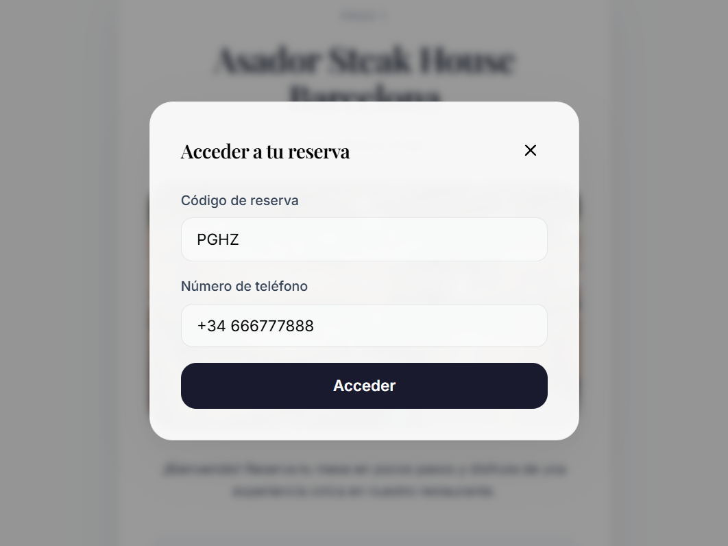 Modal de acceso a reserva por código
