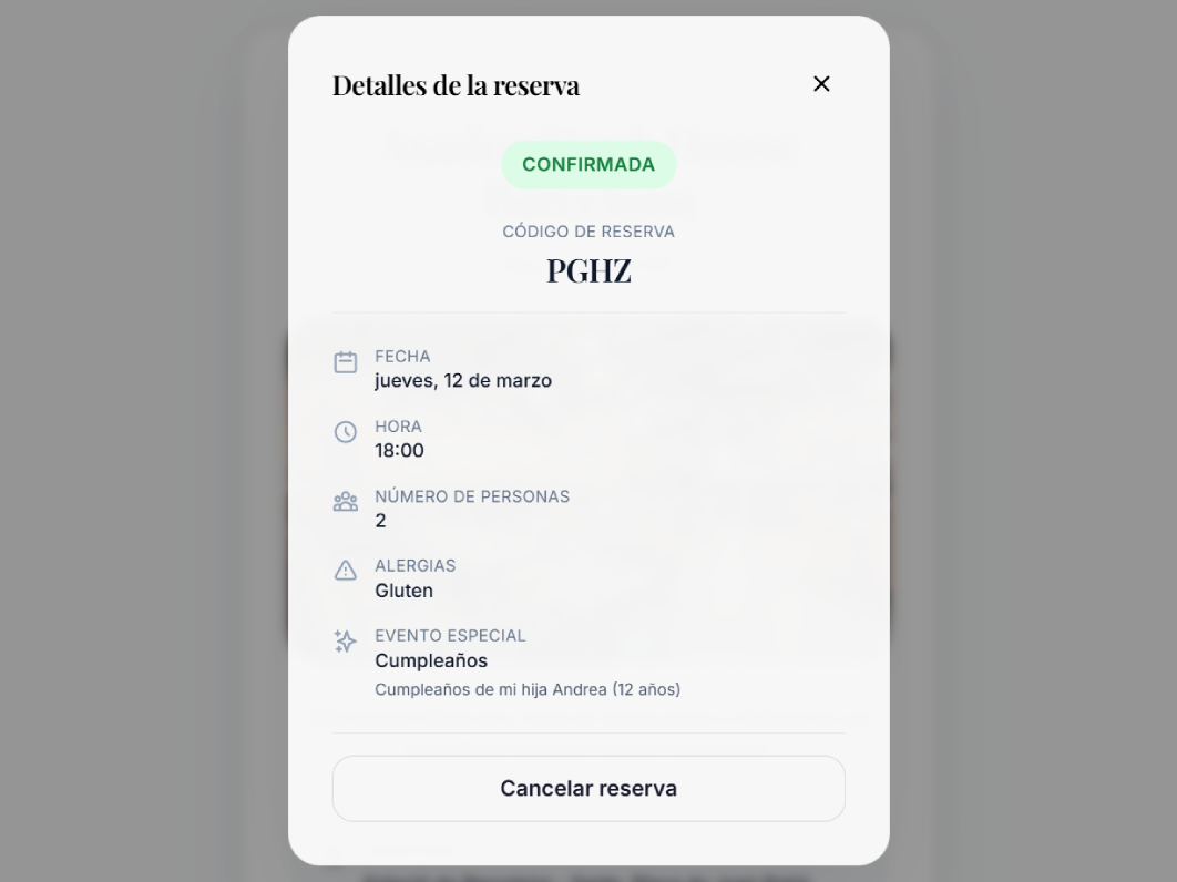 Modal de historial de reservas del cliente