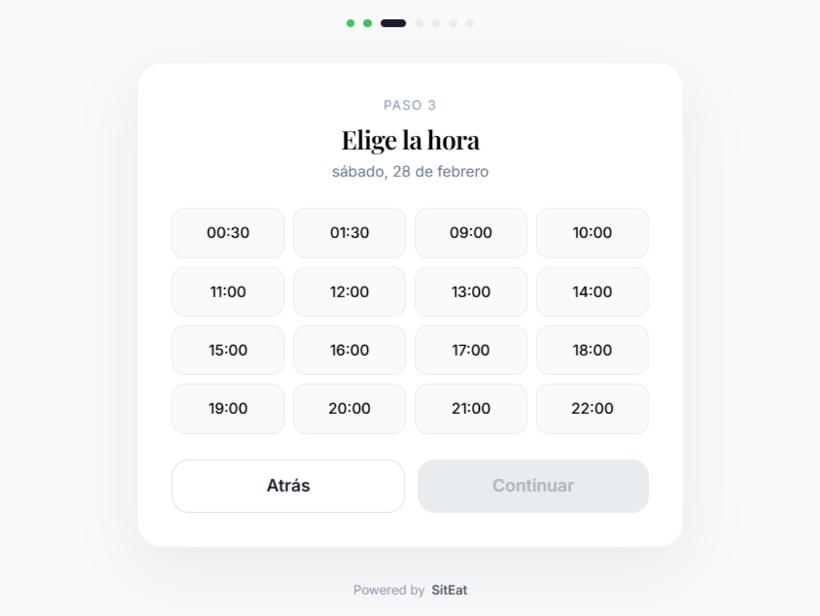 Paso 2: selección de hora y numero de personas