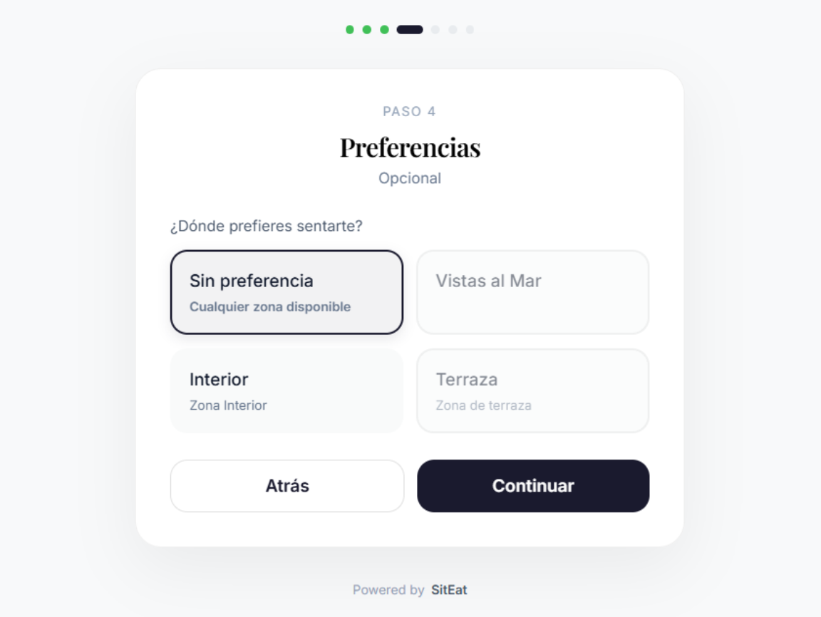 Paso 3: selección de zona y preferencias