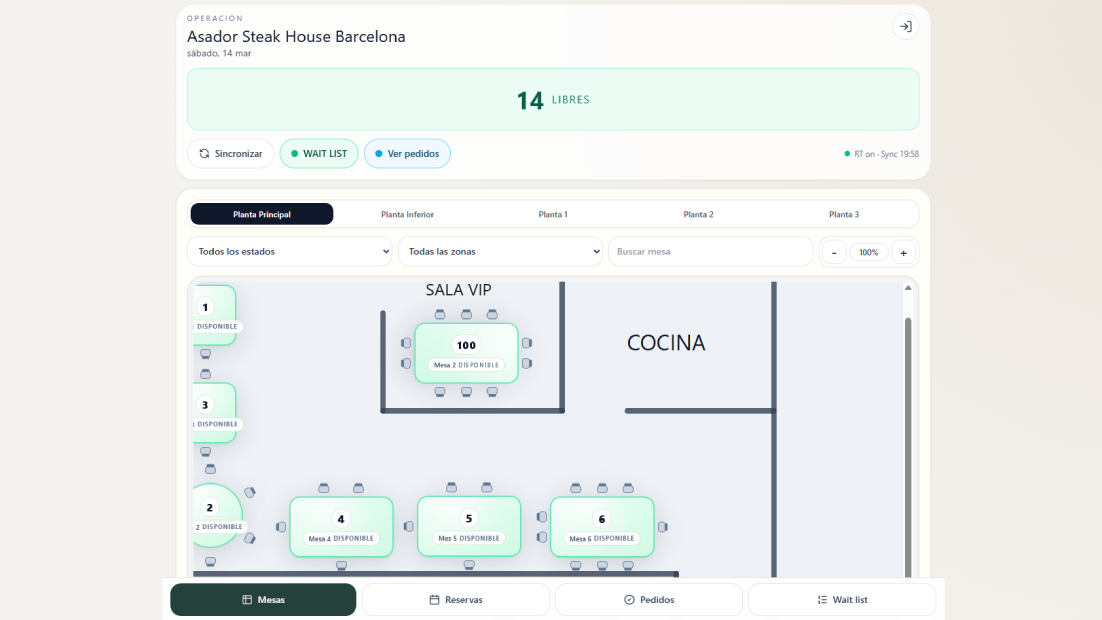 App de camarero SitEat — vista general del salón