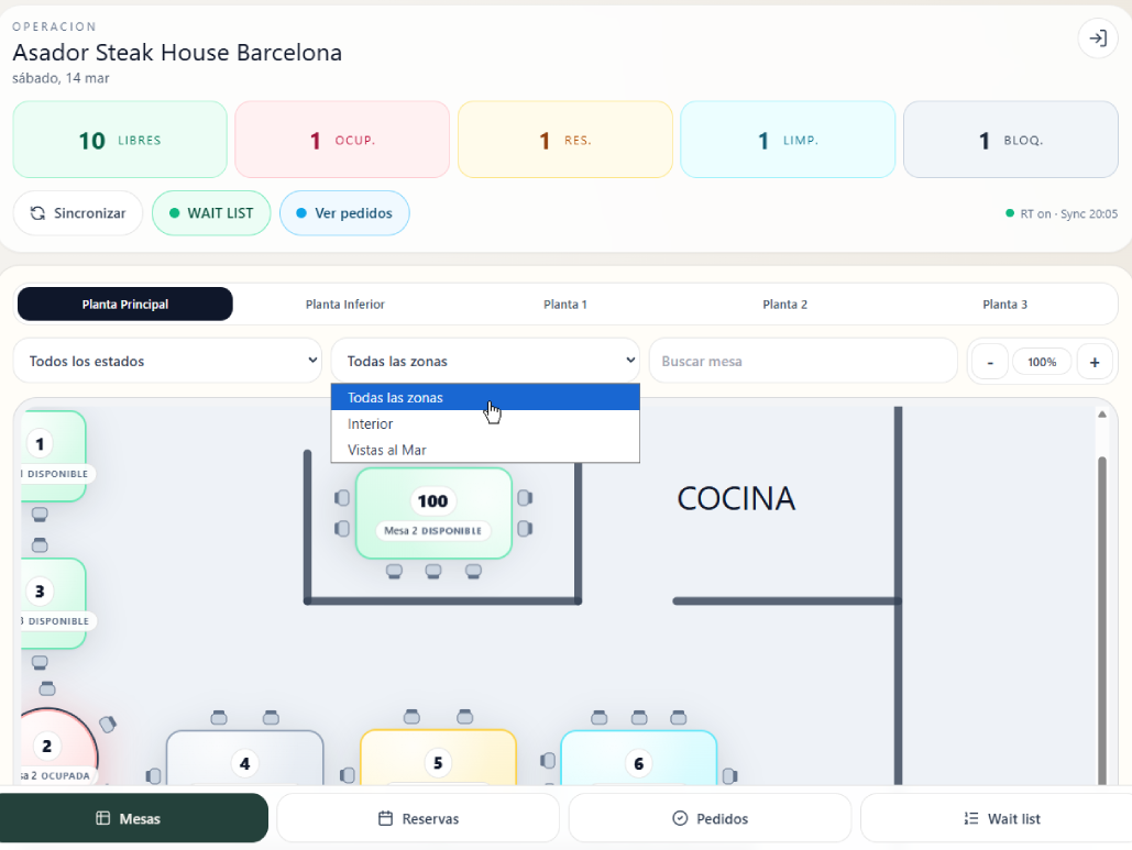 Zoom y filtrado por zonas en el mapa del salón