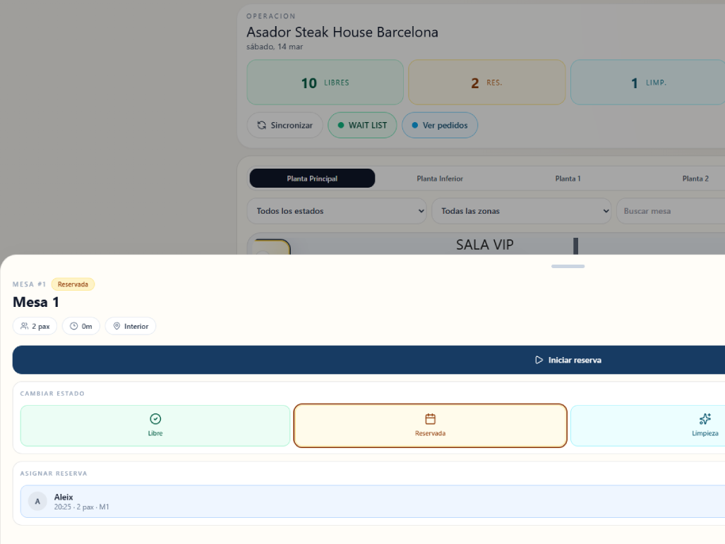 Panel lateral con detalle de una mesa al tocarla