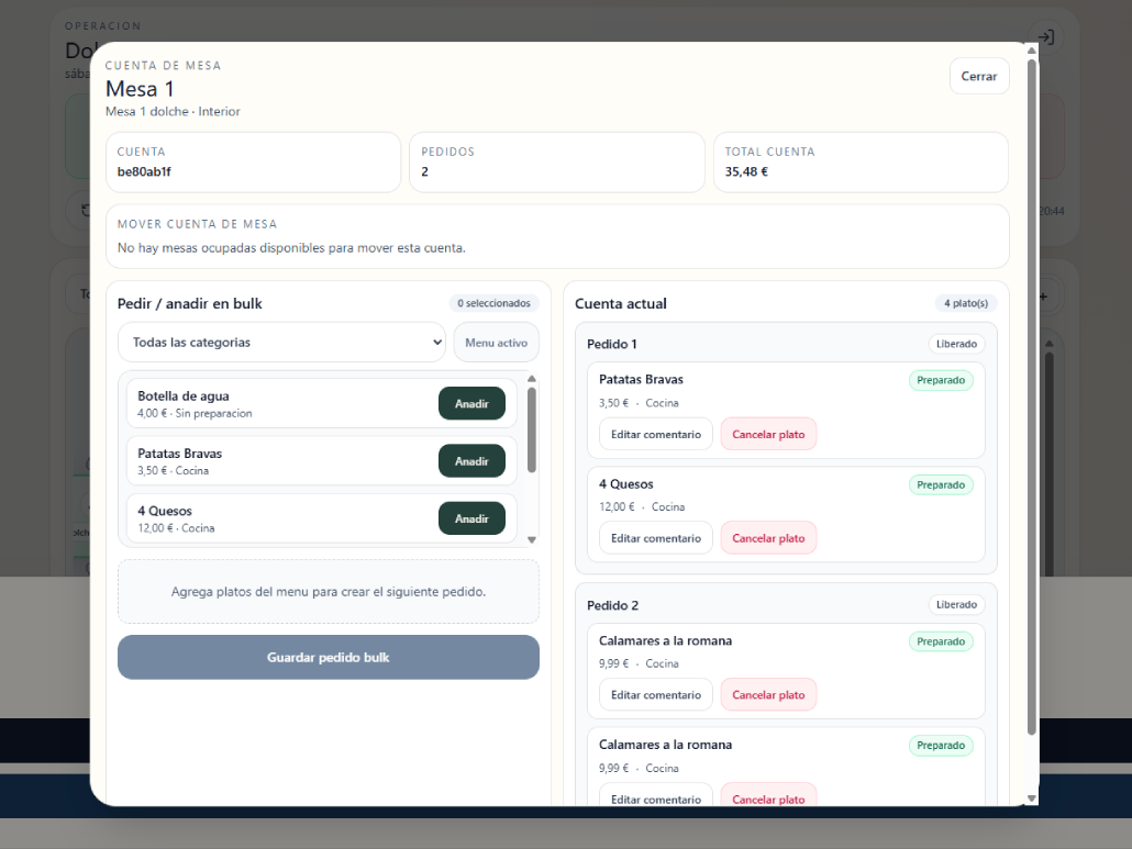 Cuenta de la mesa con resumen de pedidos y total