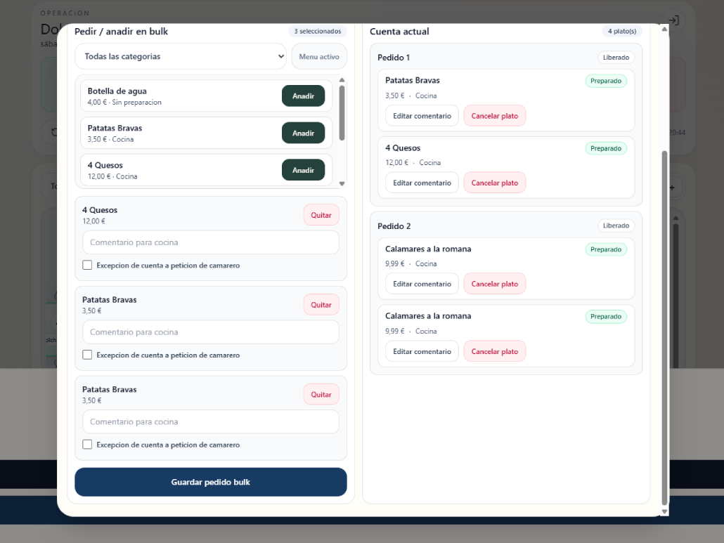 Menú organizado por categorías para tomar pedidos