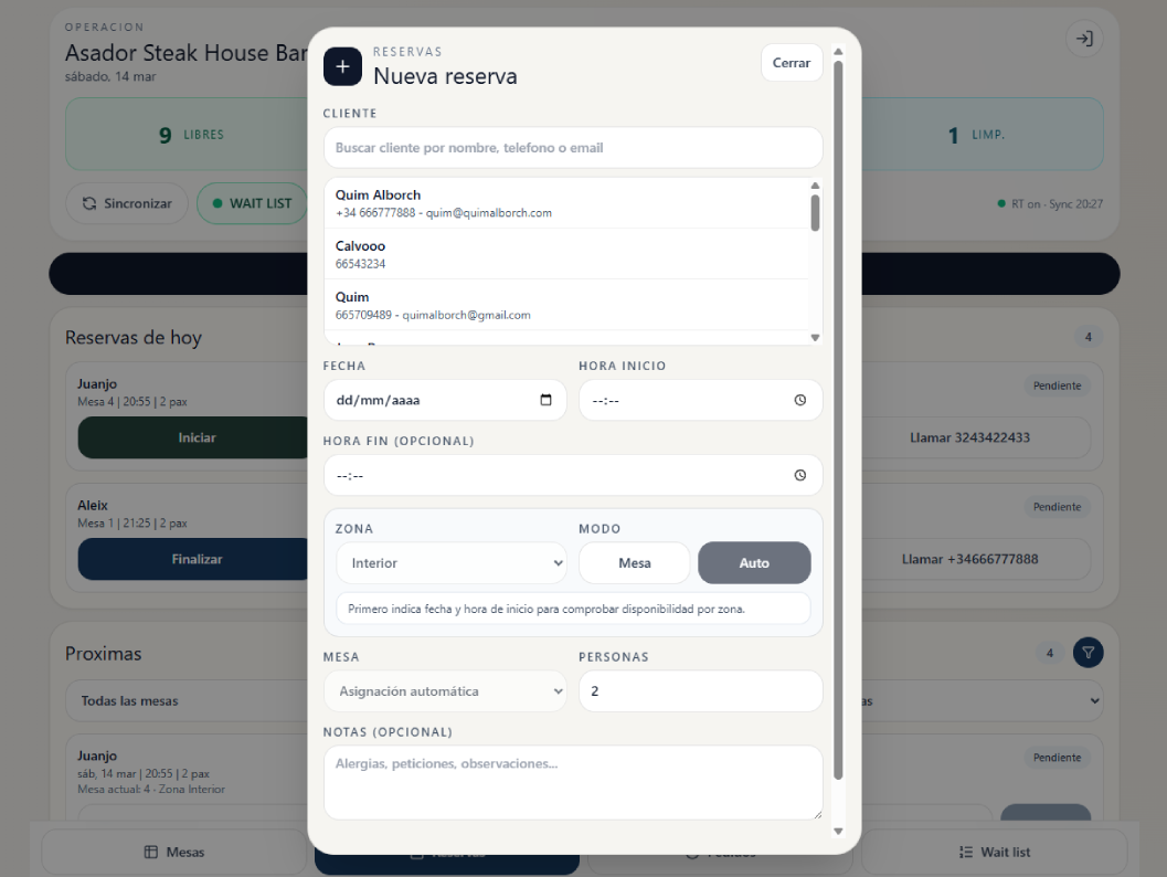 Formulario de creación de reserva desde la app del camarero