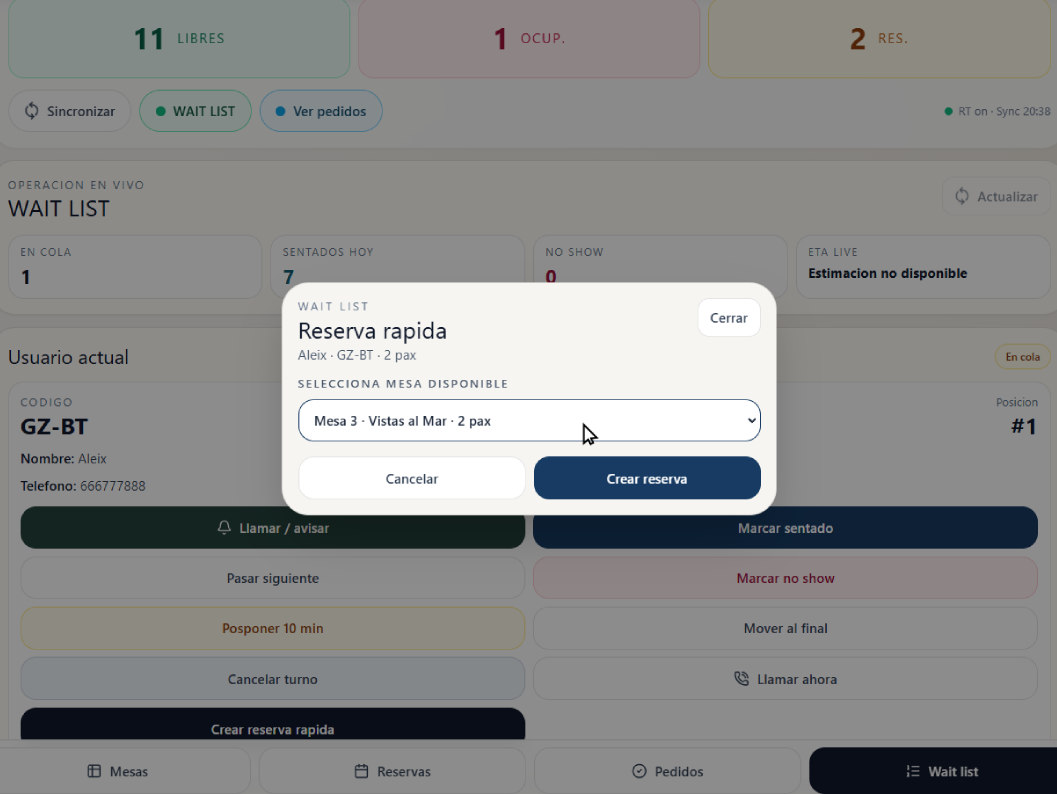 Selección de mesa disponible para sentar a un cliente de la lista de espera