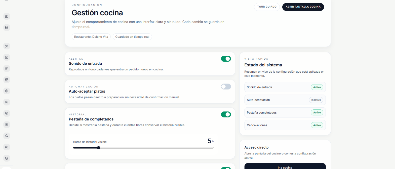 Panel de configuración de cocina