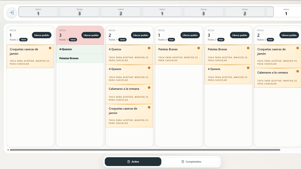 Vista de pedidos activos en cocina