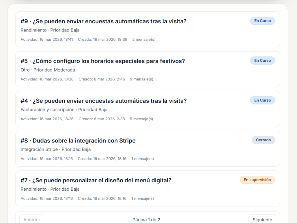 Listado de tickets y estados