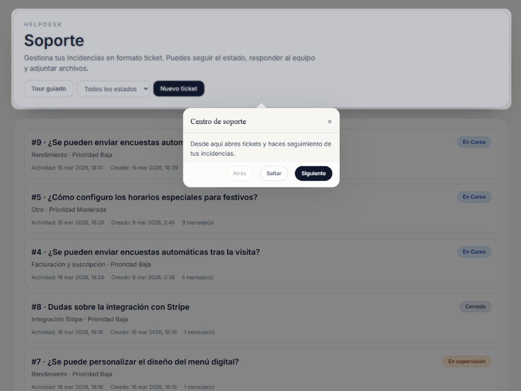 Tour guiado del área de soporte