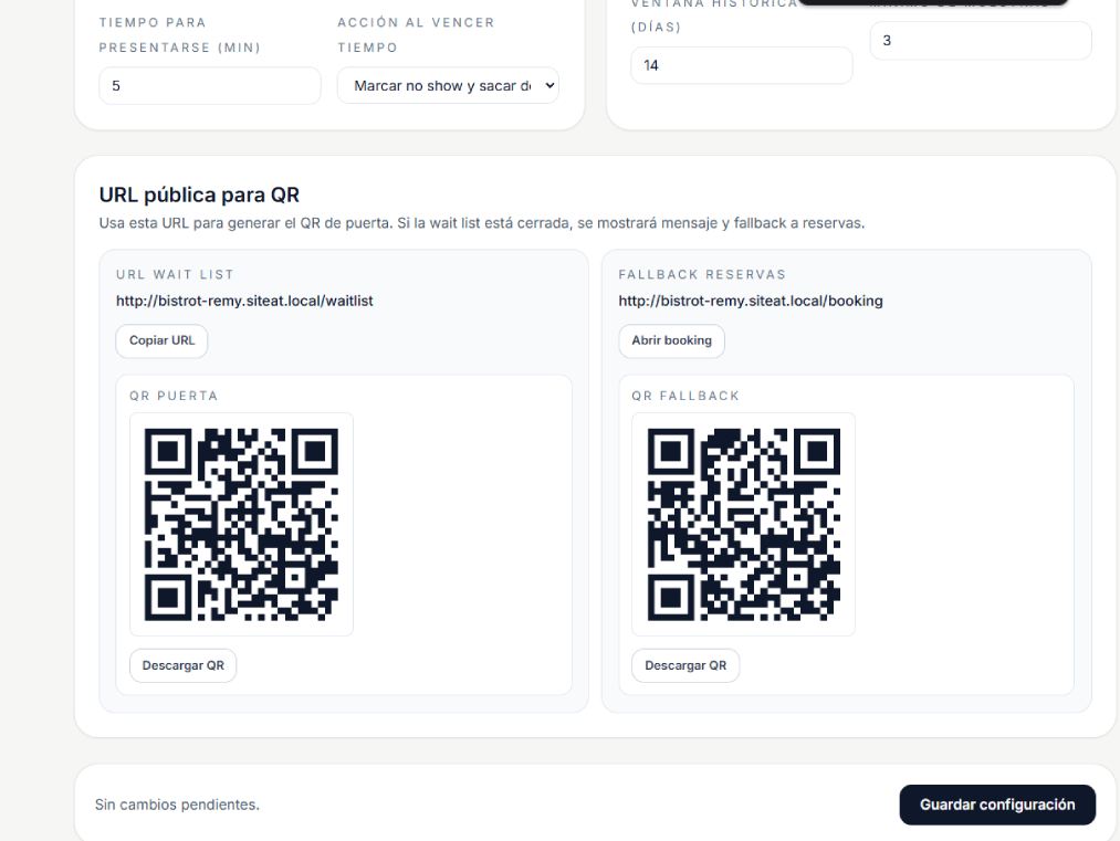 Bloque de QR waitlist y booking